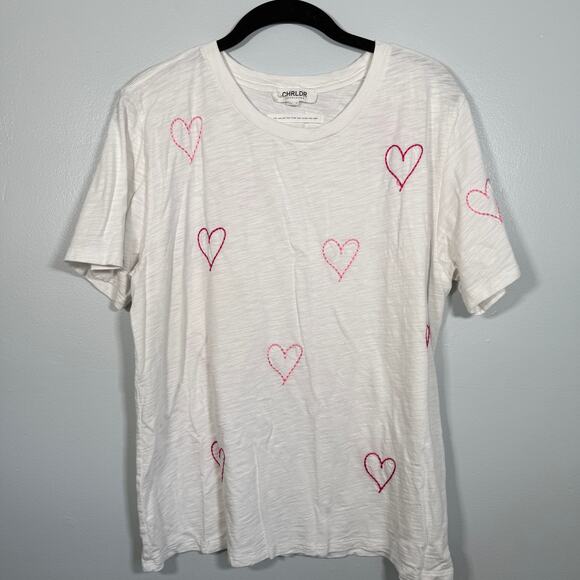 CHRLDR Embroidered Heart Tee White Pink Stitching Size Large 100% Cotton Slub - Picture 1 of 5